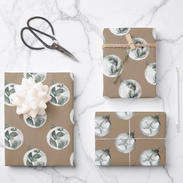 Rustic Kraft Glass Ball Holiday Ornaments Wrapping Paper Sheets (Front)