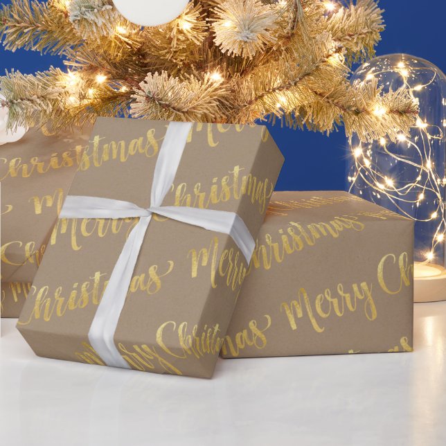 Rustic Kraft Gold Calligraphy Merry Christmas Wrapping Paper (Holidays)