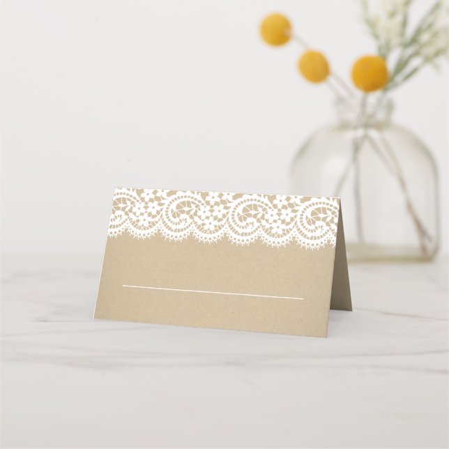 Rustic Kraft Gold Dot and Lace Wedding Place Card (Front)