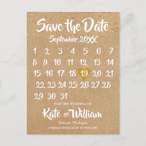 Rustic Kraft Gold Heart Calendar Save the Date Announcement Postcard
