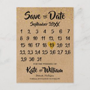 Rustic Kraft Gold Heart Calendar Save the Date Announcement Postcard