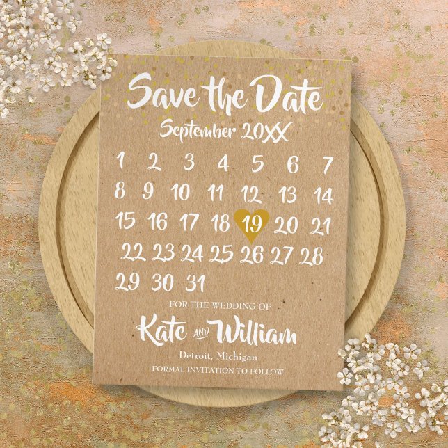 Rustic Kraft Gold Heart Calendar Save the Date Announcement Postcard (Rustic Kraft Gold Heart Calendar Save the Date Announcement Postcard)