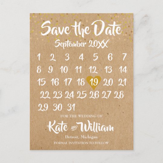 Rustic Kraft Gold Heart Calendar Save the Date Announcement Postcard ...