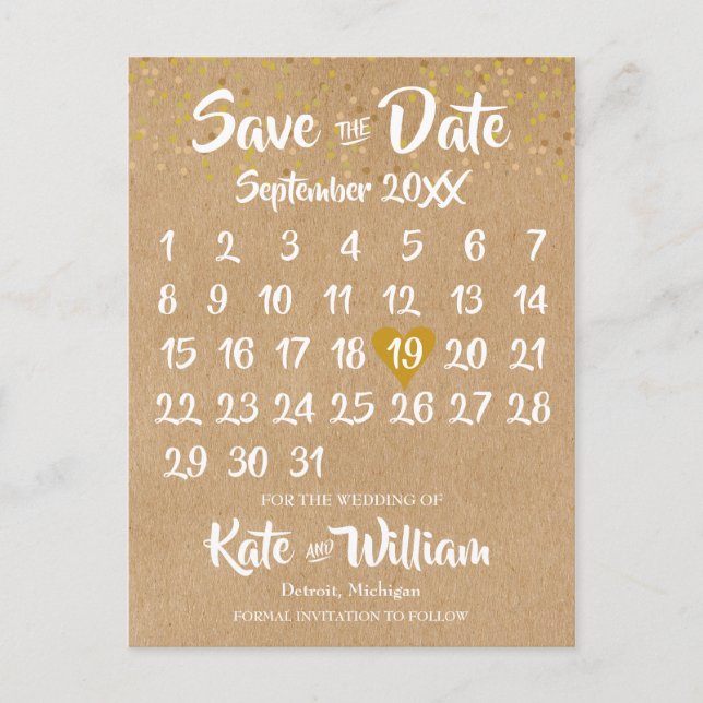 Rustic Kraft Gold Heart Calendar Save the Date Announcement Postcard (Front)