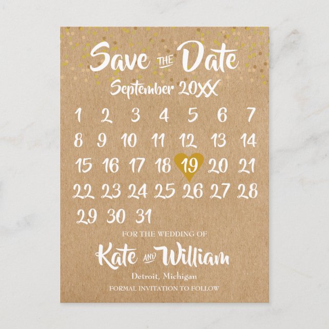 Rustic Kraft Gold Heart Calendar Save the Date Postcard (Front)