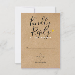 Rustic Kraft Gold Heart Chic Script Wedding RSVP Card