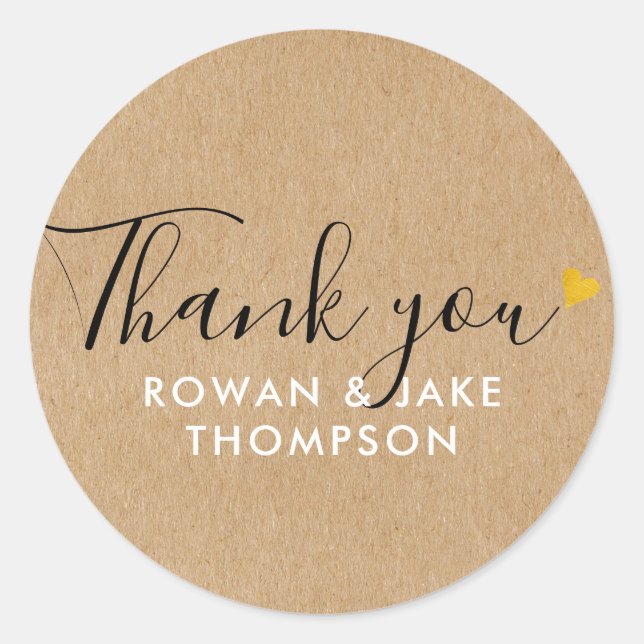 Rustic Kraft Gold Heart Script Thank You Classic Round Sticker (Front)