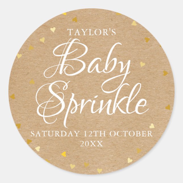 Rustic kraft gold hearts baby sprinkle classic round sticker (Front)