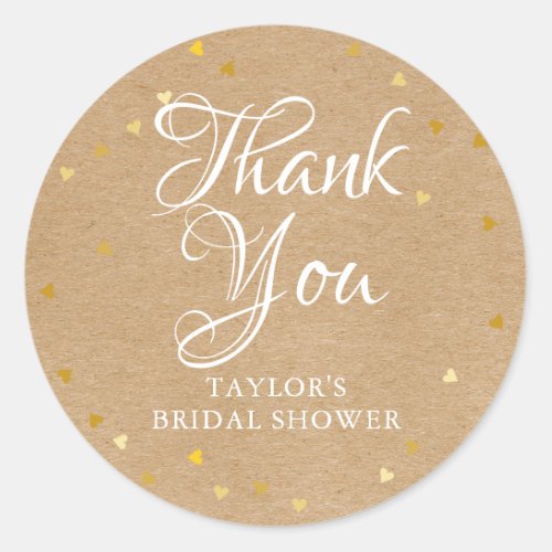 Rustic kraft gold hearts bridal shower thank you classic round sticker