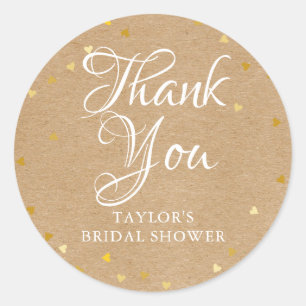 Rustic kraft gold hearts bridal shower thank you classic round sticker