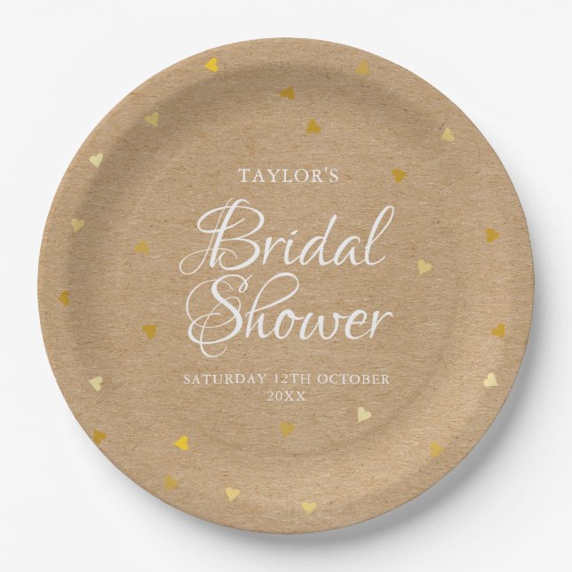 Rustic kraft gold hearts confetti bridal shower paper plates (Front)
