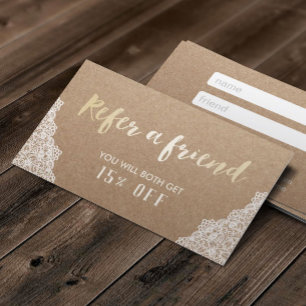 Rustic Kraft Gold Script White Lace Referral Card