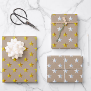 Rustic Kraft Gold Silver Stars Christmas  Wrapping Paper Sheets