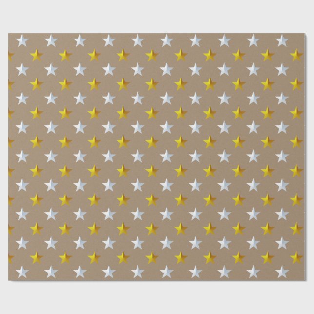 Rustic Kraft Gold Silver Stars Holiday Wrapping Paper (Flat)