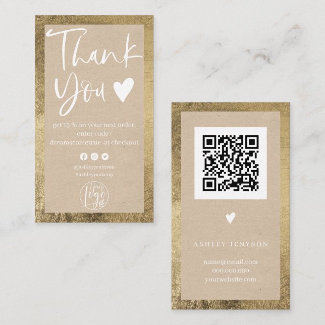 Rustic kraft gold white logo order thank you business card (Front/Back)