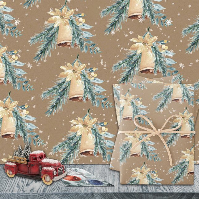 Rustic Kraft Golden Christmas Bells Are Ringing Wrapping Paper Sheets (Rustic Kraft Golden Christmas Bells Are Ringing Holiday Gift Wrapping Paper Sheets Trio)