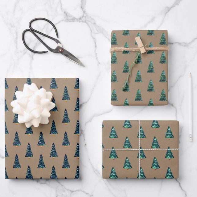 Rustic Kraft Green Christmas Trees With Lights Wrapping Paper Sheets (Front)