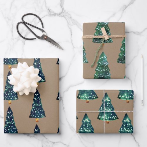 Rustic Kraft Green Lit Up Christmas Trees Wrapping Paper Sheets