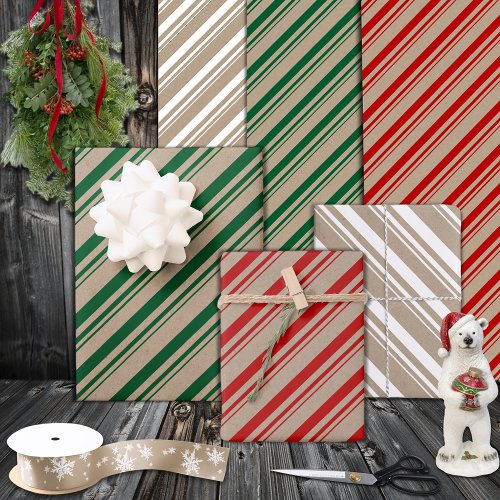 Rustic Kraft Green Red White Candy Stripes Wrapping Paper Sheets