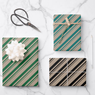 Rustic Kraft Green Teal Black Candy Stripes Wrapping Paper Sheets