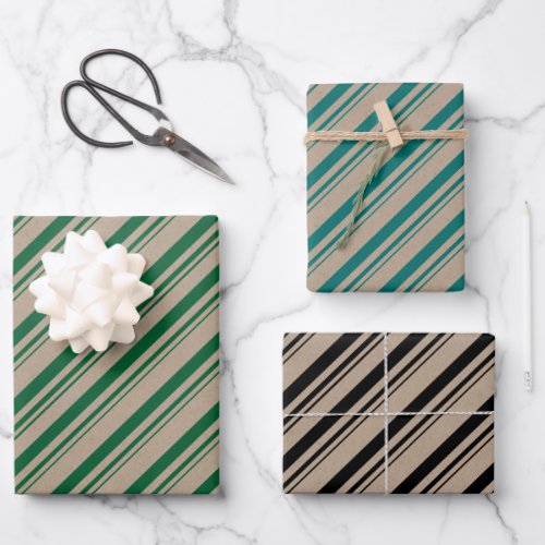 Rustic Kraft Green Teal Black Candy Stripes Wrapping Paper Sheets