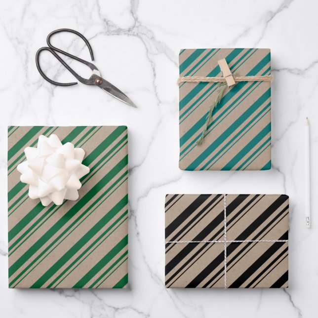 Rustic Kraft Green Teal Black Candy Stripes Wrapping Paper Sheets (Front)