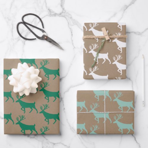 Rustic Kraft Green White Woodland Stag Wrapping Paper Sheets