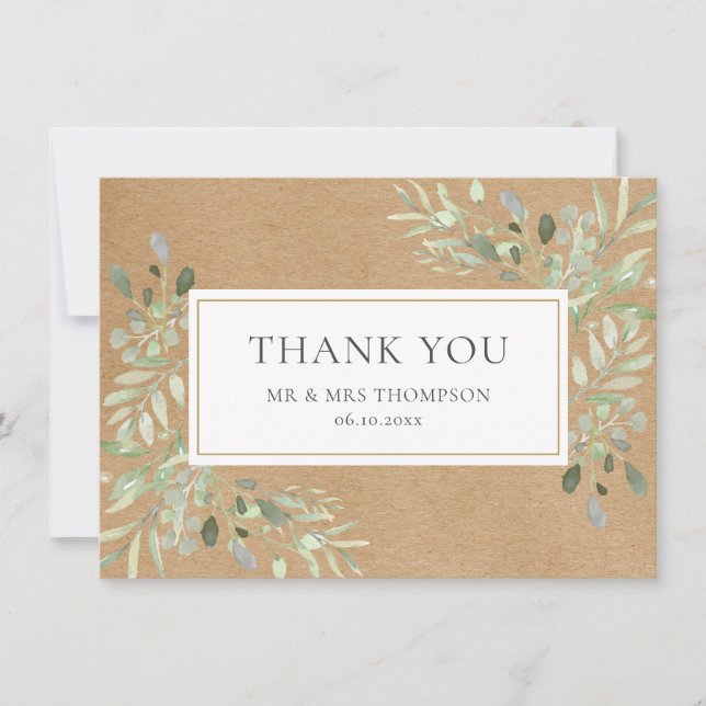 Rustic Kraft Greenery Leaves Thank You Card (Front)