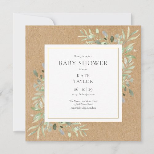 Rustic Kraft Greenery Neutral QR Code Baby Shower Invitation