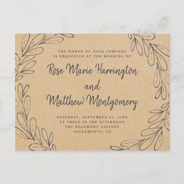 Rustic Kraft & Hand-drawn Leaves Wedding Invitation Postcard (Front)