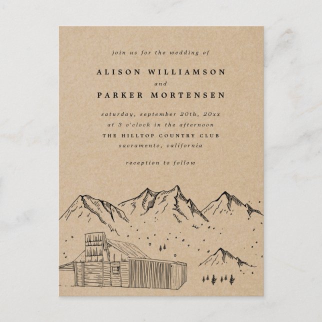 Rustic Kraft Hand-drawn Mountains & Hut Wedding Invitation Postcard (Front)