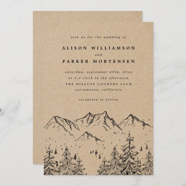 Rustic Kraft Hand-drawn Mountains & Pines Wedding Invitation (Front/Back)
