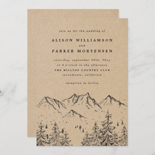 Rustic Kraft Hand_drawn Mountains  Pines Wedding Invitation