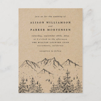 Rustic Kraft Hand-drawn Mountains & Trees Wedding Invitation Postcard