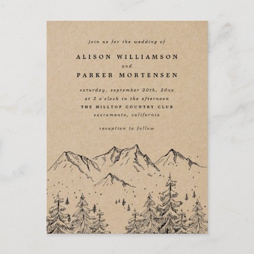 Rustic Kraft Hand_drawn Mountains  Trees Wedding Invitation Postcard