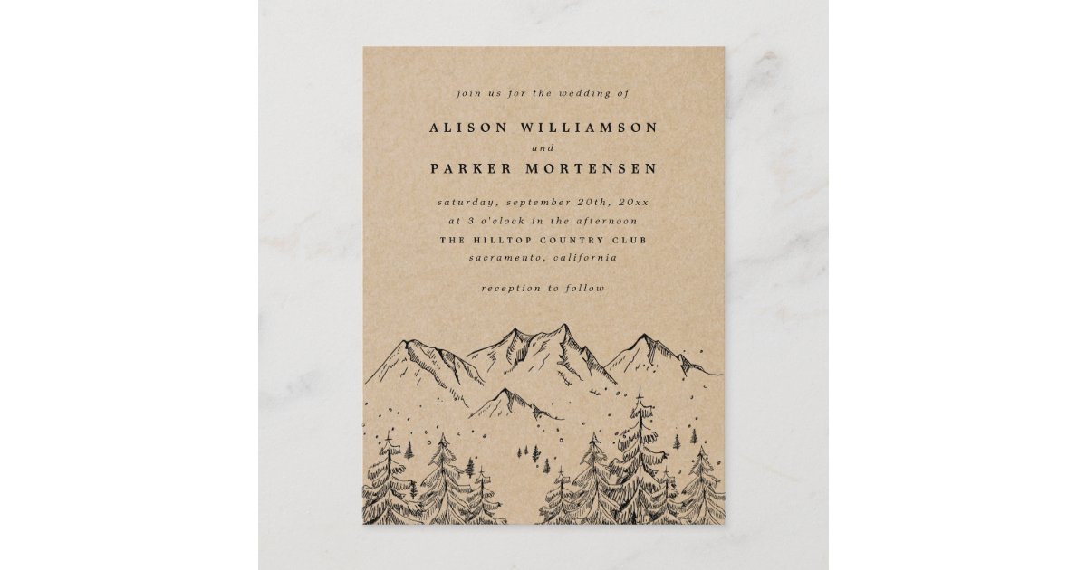 Rustic Kraft Hand-drawn Mountains & Trees Wedding Invitation Postcard