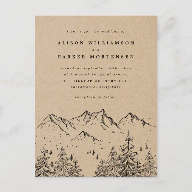 Rustic Kraft Hand-drawn Mountains & Trees Wedding Invitation Postcard