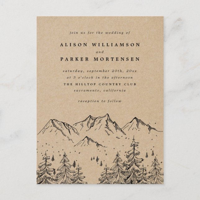 Rustic Kraft Hand-drawn Mountains & Trees Wedding Invitation Postcard (Front)