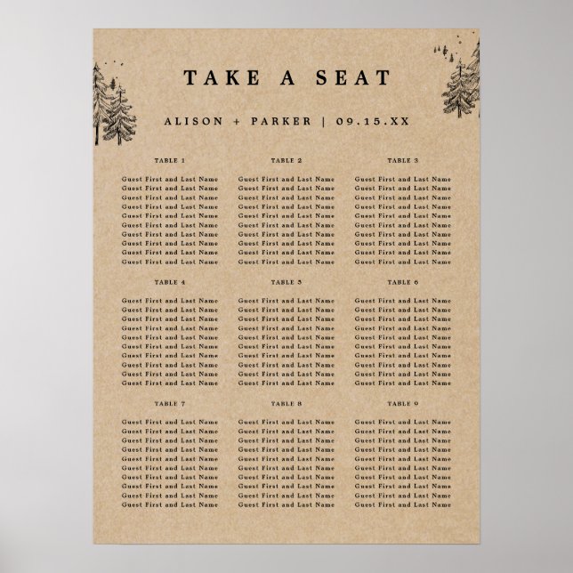 Rustic Kraft Hand-drawn Pine Trees Take A Seat Poster (Front)