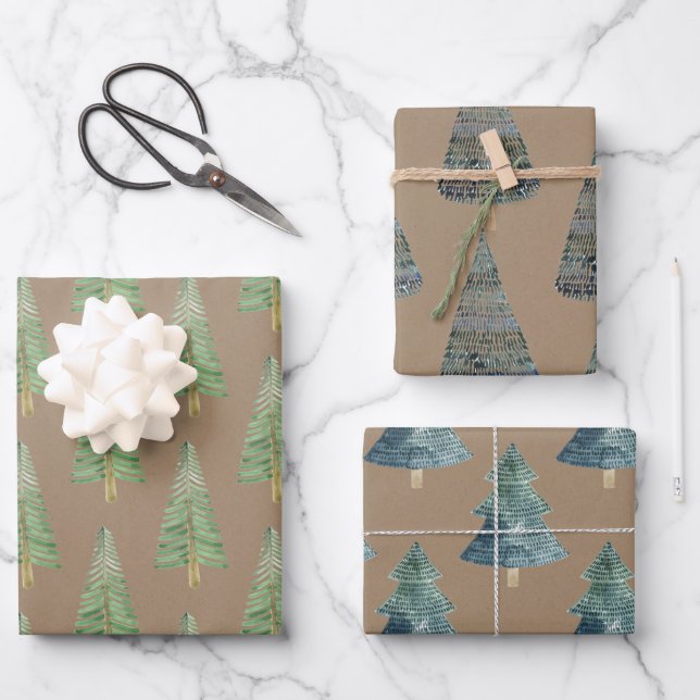 Rustic Kraft Hand Painted Pine & Spruce Trees Wrapping Paper Sheets (Front)
