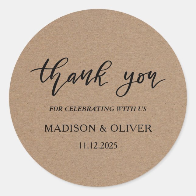 Rustic Kraft Handwritten Script Thank You Wedding Classic Round Sticker (Front)