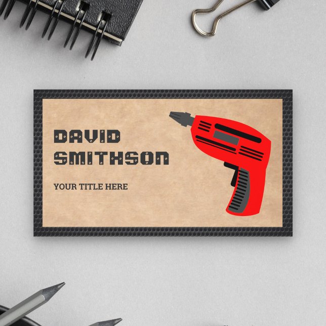 Rustic Kraft Hardware Power Tool Red Drill Machine Business Card (Creator Uploaded)