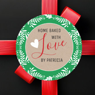 Rustic Kraft Home Baked With Love Green And White Classic Round Sticker
