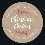 Rustic Kraft Homemade Christmas Cookie Classic Round Sticker<br><div class="desc">Add a heartfelt homemade touch to your holiday treats with this rustic kraft Christmas cookie label. Featuring charming watercolor cranberries and elegant script text, it’s perfect for sealing cookie boxes, jars, or gift bags made with love. Ideal for holiday baking, cookie exchanges, or personalized kitchen packaging that spreads festive warmth....</div>