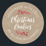 Rustic Kraft Homemade Christmas Cookie Classic Round Sticker<br><div class="desc">Add a heartfelt homemade touch to your holiday treats with this rustic kraft Christmas cookie label. Featuring charming watercolor cranberries and elegant script text, it’s perfect for sealing cookie boxes, jars, or gift bags made with love. Ideal for holiday baking, cookie exchanges, or personalized kitchen packaging that spreads festive warmth....</div>