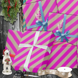 Rustic Kraft Hot Pink Wide Stripe Holiday Wrapping Paper
