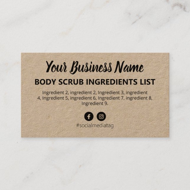Rustic Kraft Ingredients Instructions Business Card (Front)