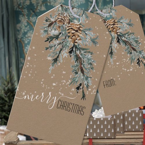 Rustic Kraft Juniper Bough  Cones Merry Christmas Gift Tags