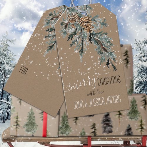 Rustic Kraft Juniper Bough  Cones Merry Christmas Gift Tags