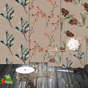 Rustic Kraft Juniper Pine Cones Ilex Berries Wrapping Paper Sheets